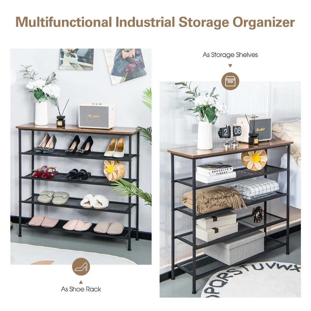 NNECW 5-Tier Shoe Rack with Wooden Top and Adjustable Feet for Living Room