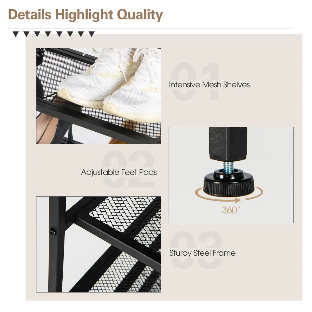 NNECW 5-Tier Shoe Rack with Wooden Top and Adjustable Feet for Living Room