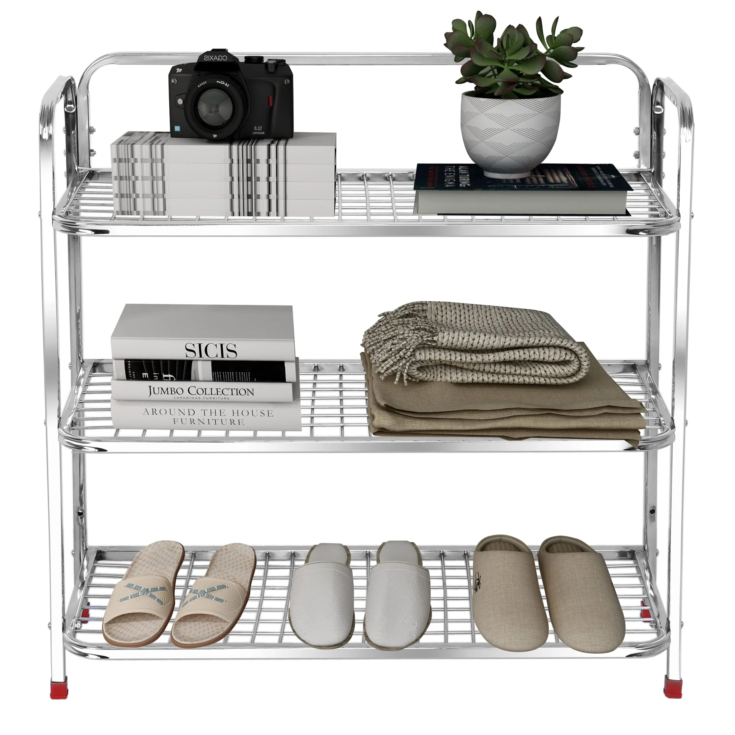Plantex shoe stand for home|steel shoe rack for home|shoe organiser|rack for shoes|mini shoe rack cover 3 layer (Silver)