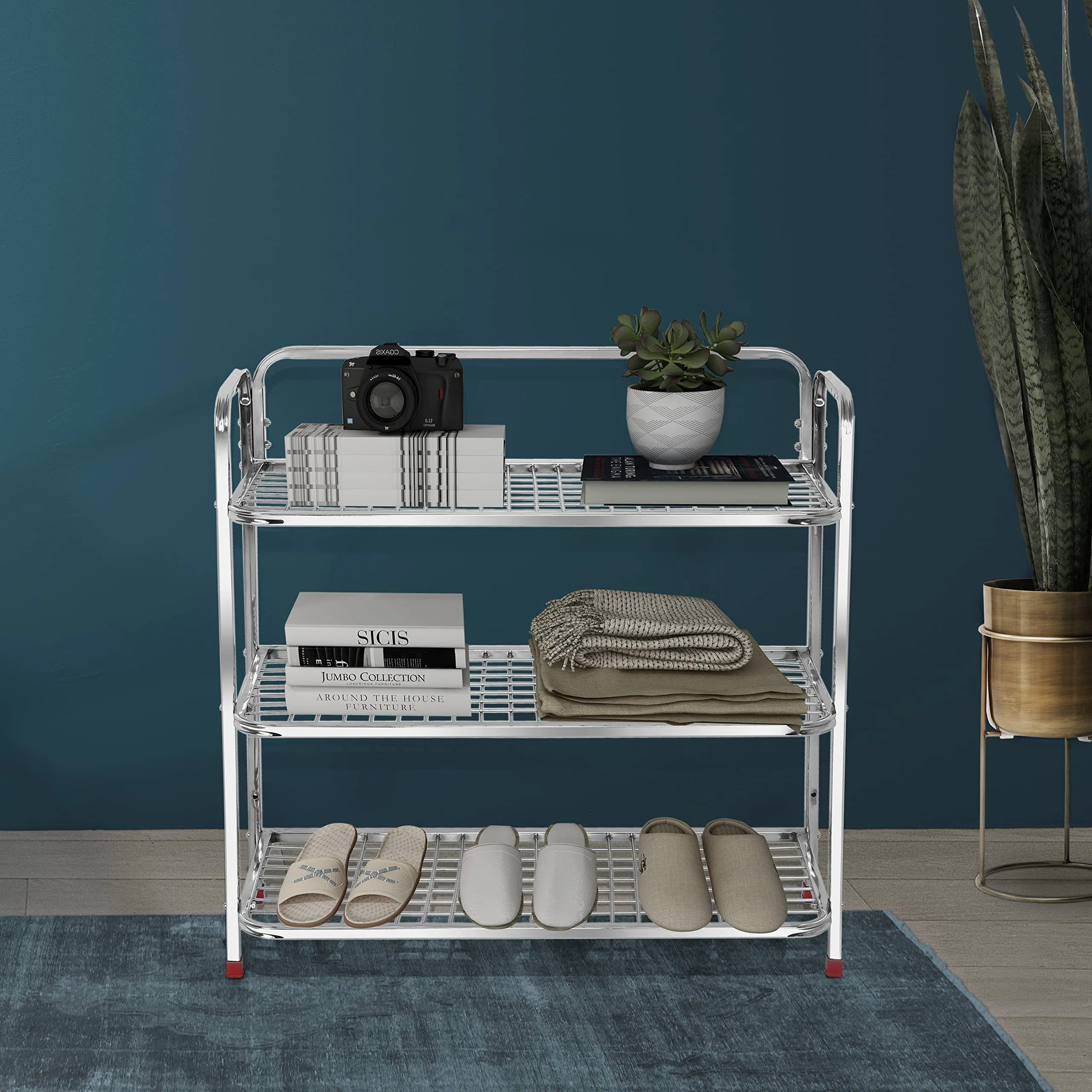 Plantex shoe stand for home|steel shoe rack for home|shoe organiser|rack for shoes|mini shoe rack cover 3 layer (Silver)