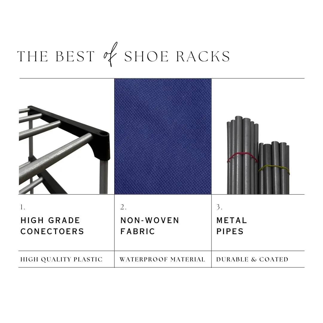 RAXON WORLD Multipurpose Foldable 4 Layers Metal Shoe Rack, Dustproof Shoe Organizer, Almirah for Clothes, Shoes at Home & Office (Dark Blue)
