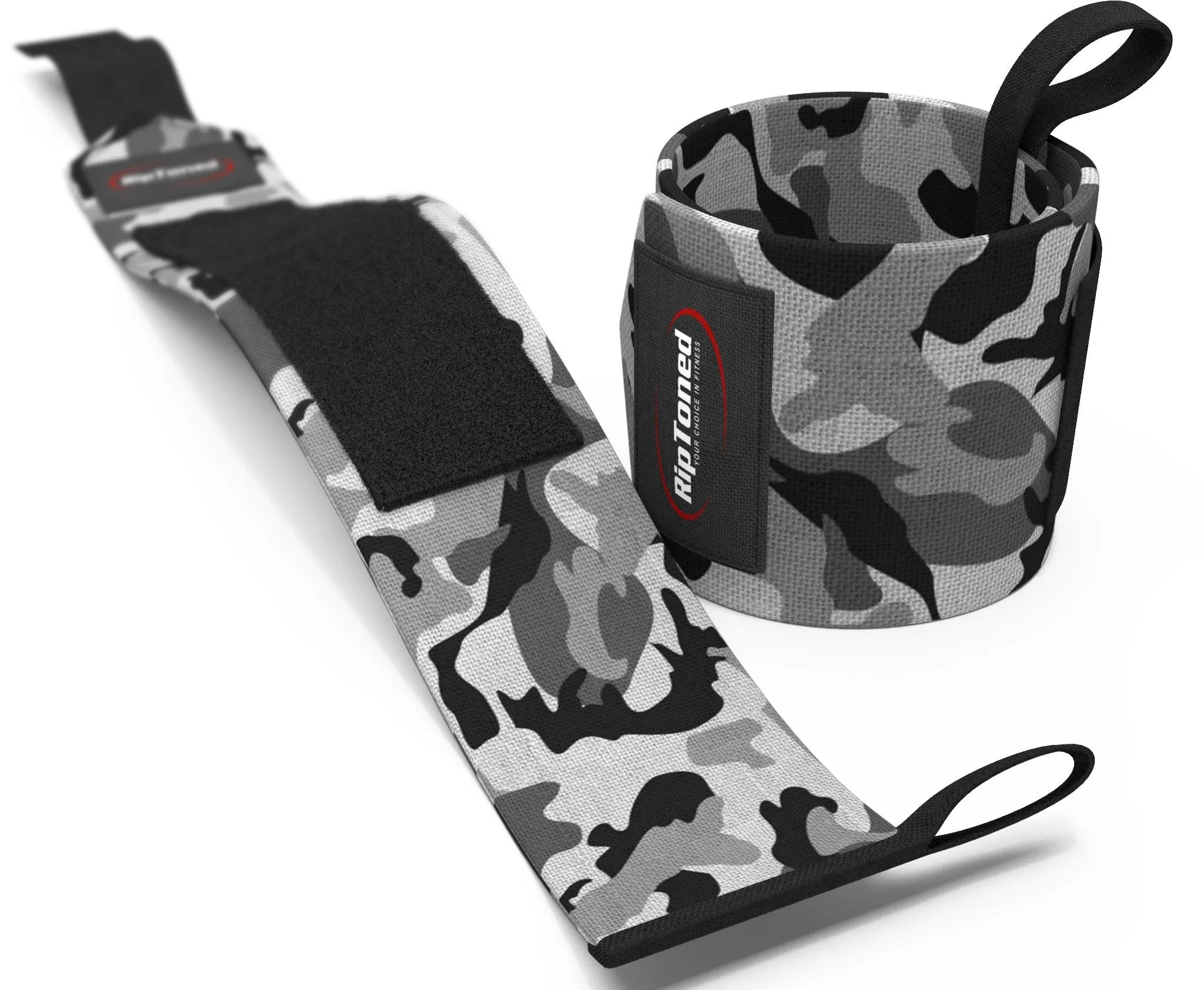 Rip Toned Wrist Wraps 18" Professional Grade with Thumb Loops - Wrist Support for Men & Women - Weight Lifting, Crossfit, Powerlifting, Strength Training - Bonus Ebook - (Gray Camo Stiff)