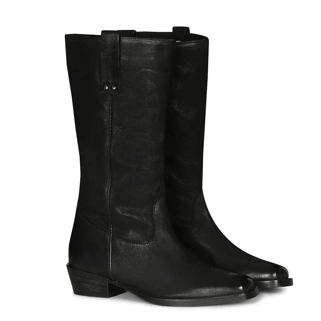 Valery Black Leather Cowboy Calf Boots