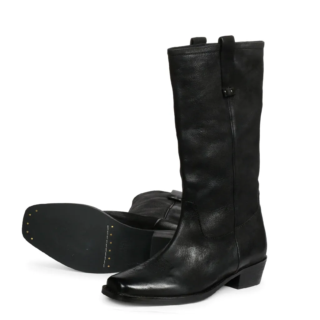 Valery Black Leather Cowboy Calf Boots