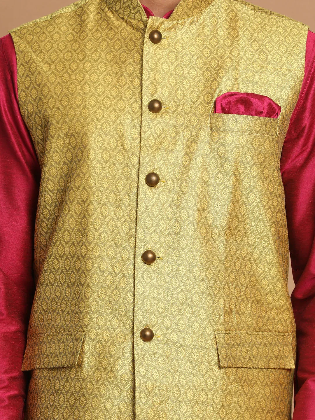 VASTRAMAY Yellow Jacquard Nehru Jacket Set
