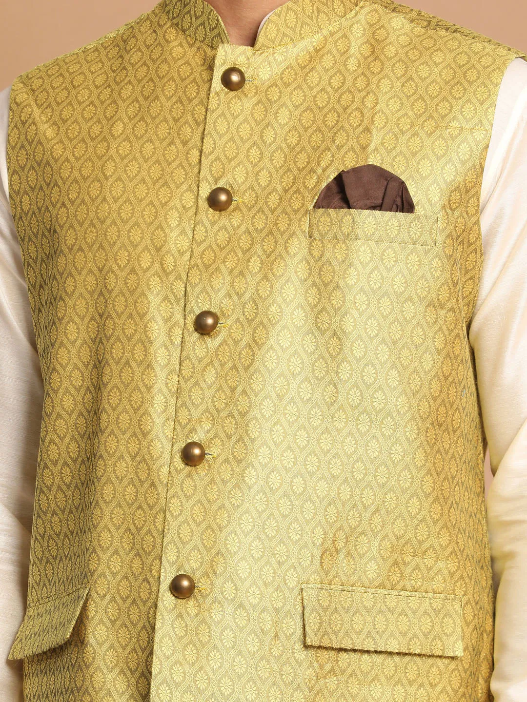 VASTRAMAY Yellow Jacquard Nehru Jacket Set
