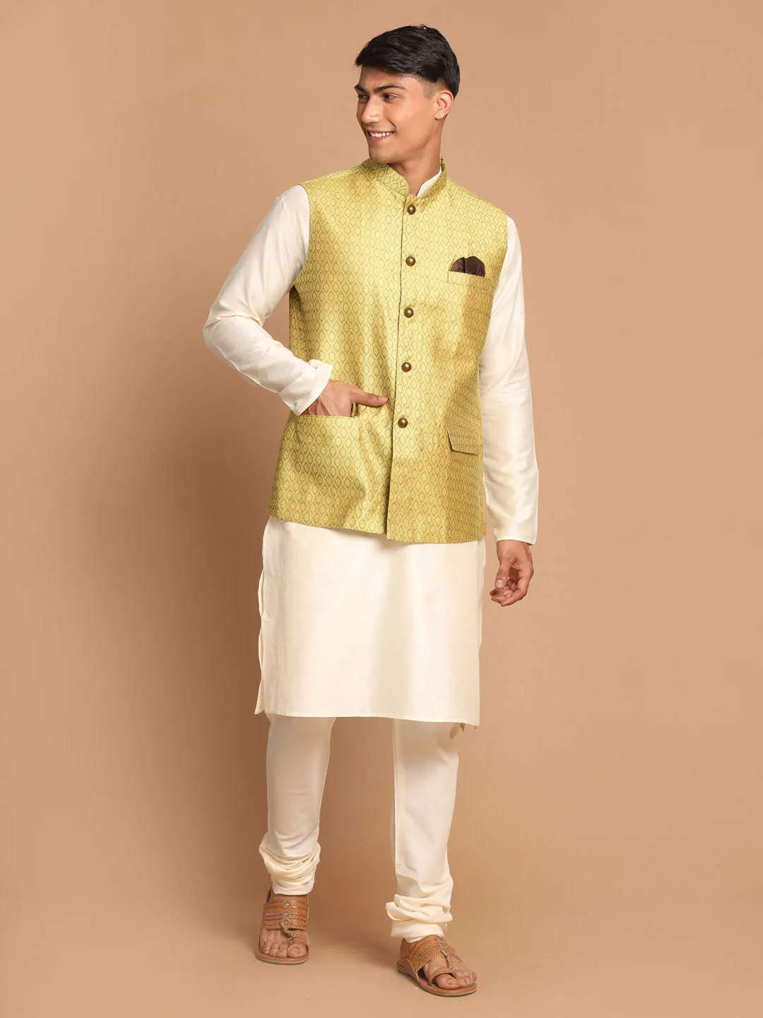 VASTRAMAY Yellow Jacquard Nehru Jacket Set