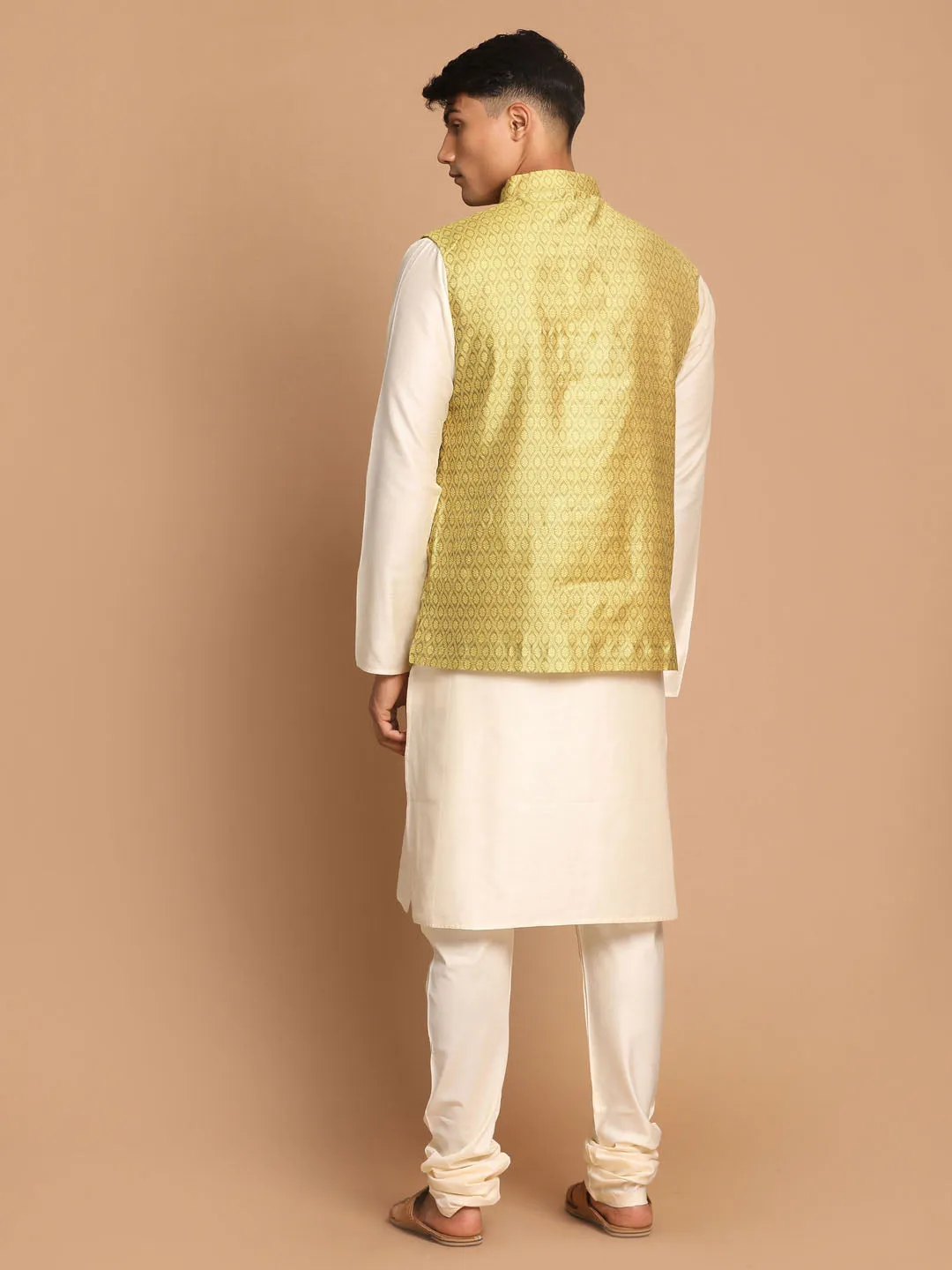 VASTRAMAY Yellow Jacquard Nehru Jacket Set
