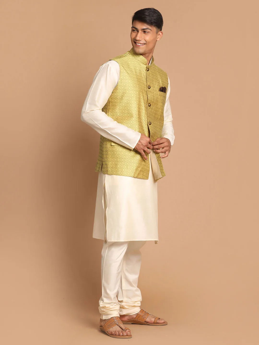 VASTRAMAY Yellow Jacquard Nehru Jacket Set