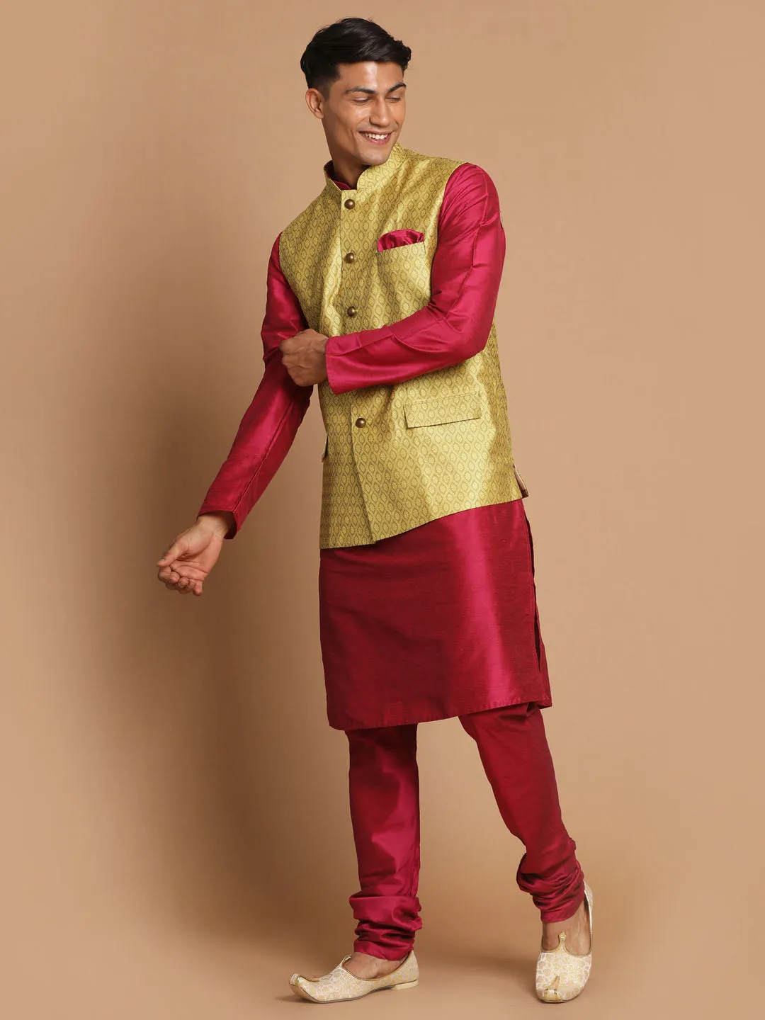 VASTRAMAY Yellow Jacquard Nehru Jacket Set