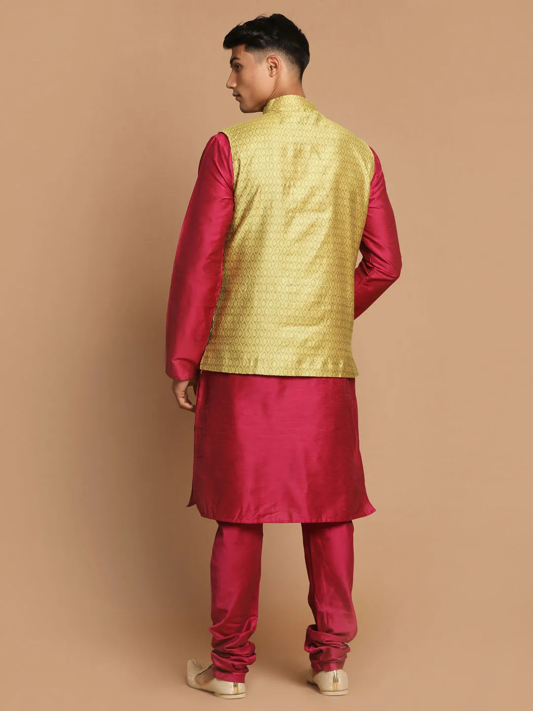 VASTRAMAY Yellow Jacquard Nehru Jacket Set