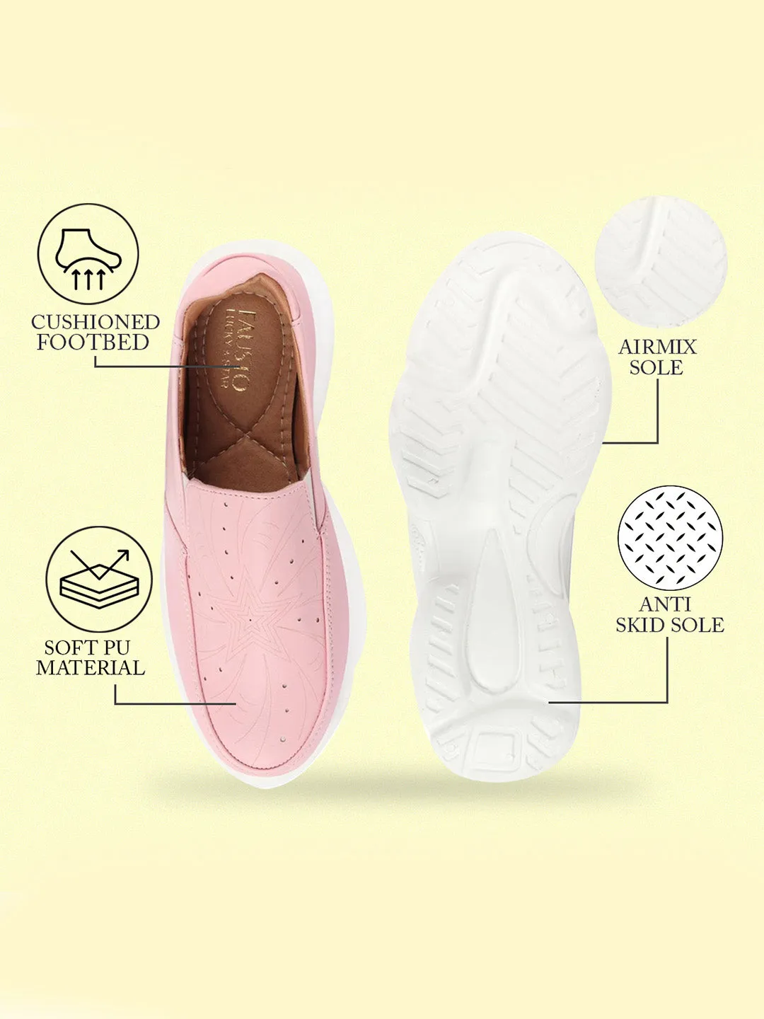 Women Pink Printed Design Stitched Comfort Slip On Sneaker Shoes