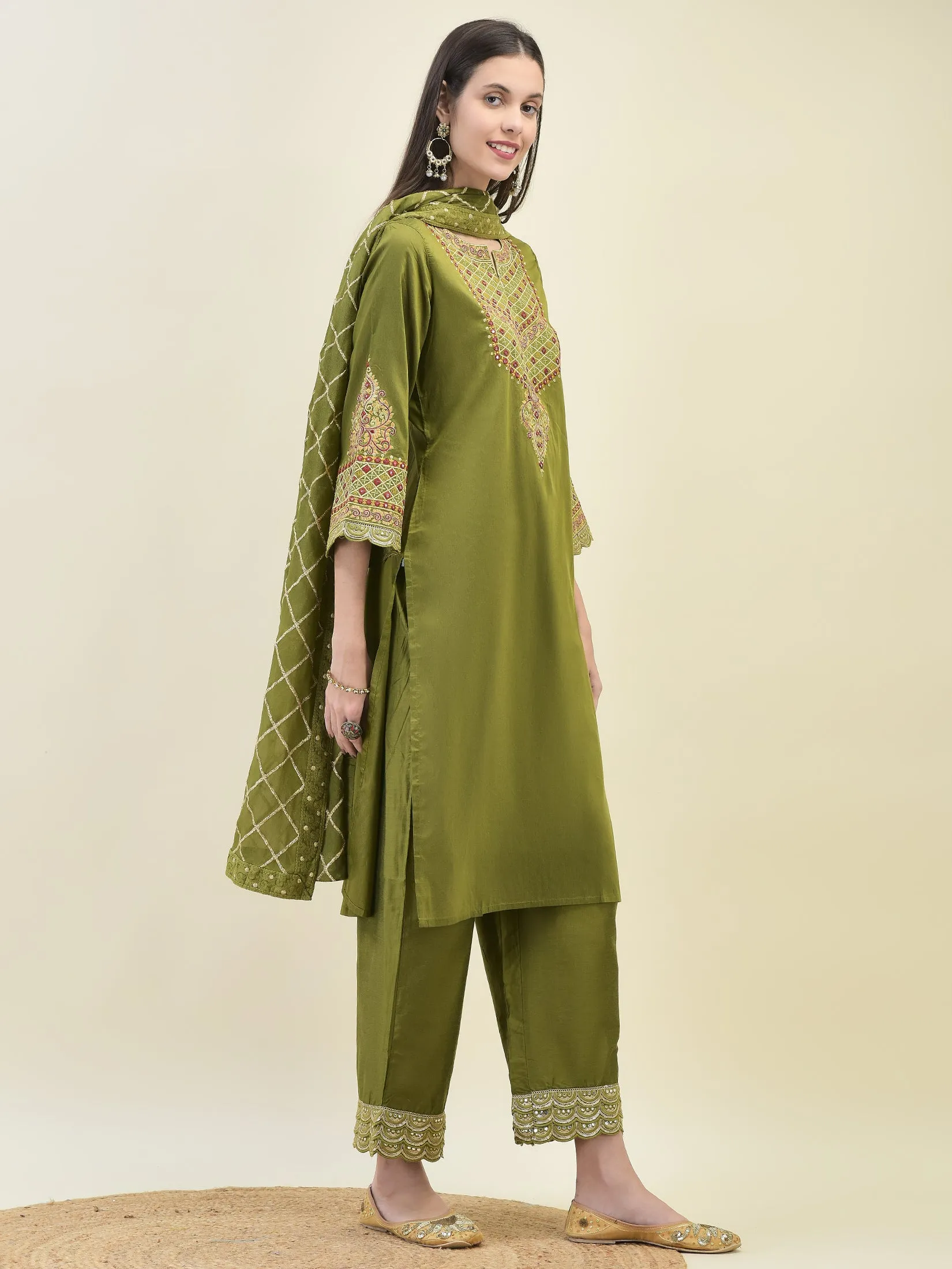 Women Poly Viscose Olive Embroidered Kurta Comfort Pant Dupatta