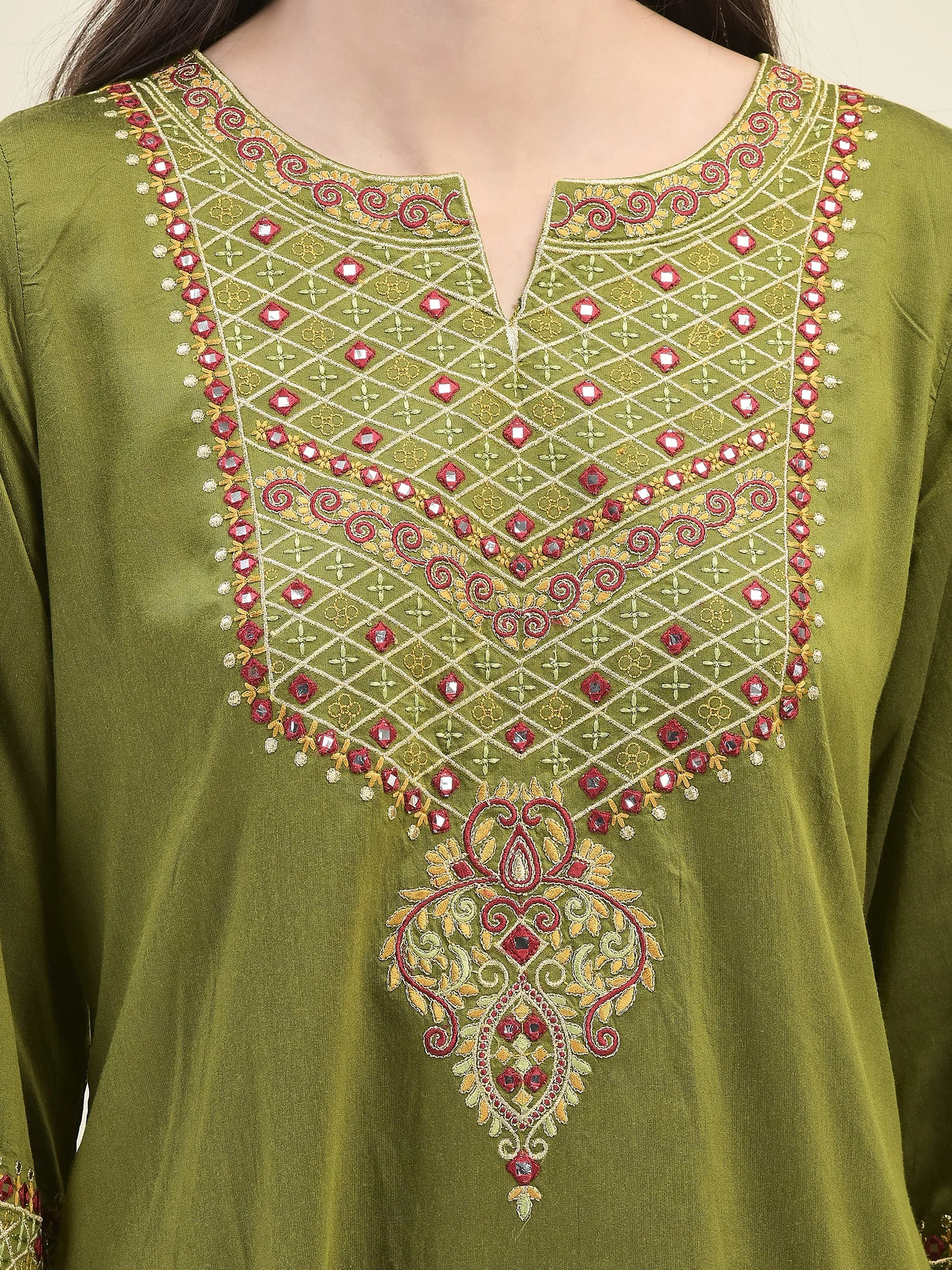 Women Poly Viscose Olive Embroidered Kurta Comfort Pant Dupatta