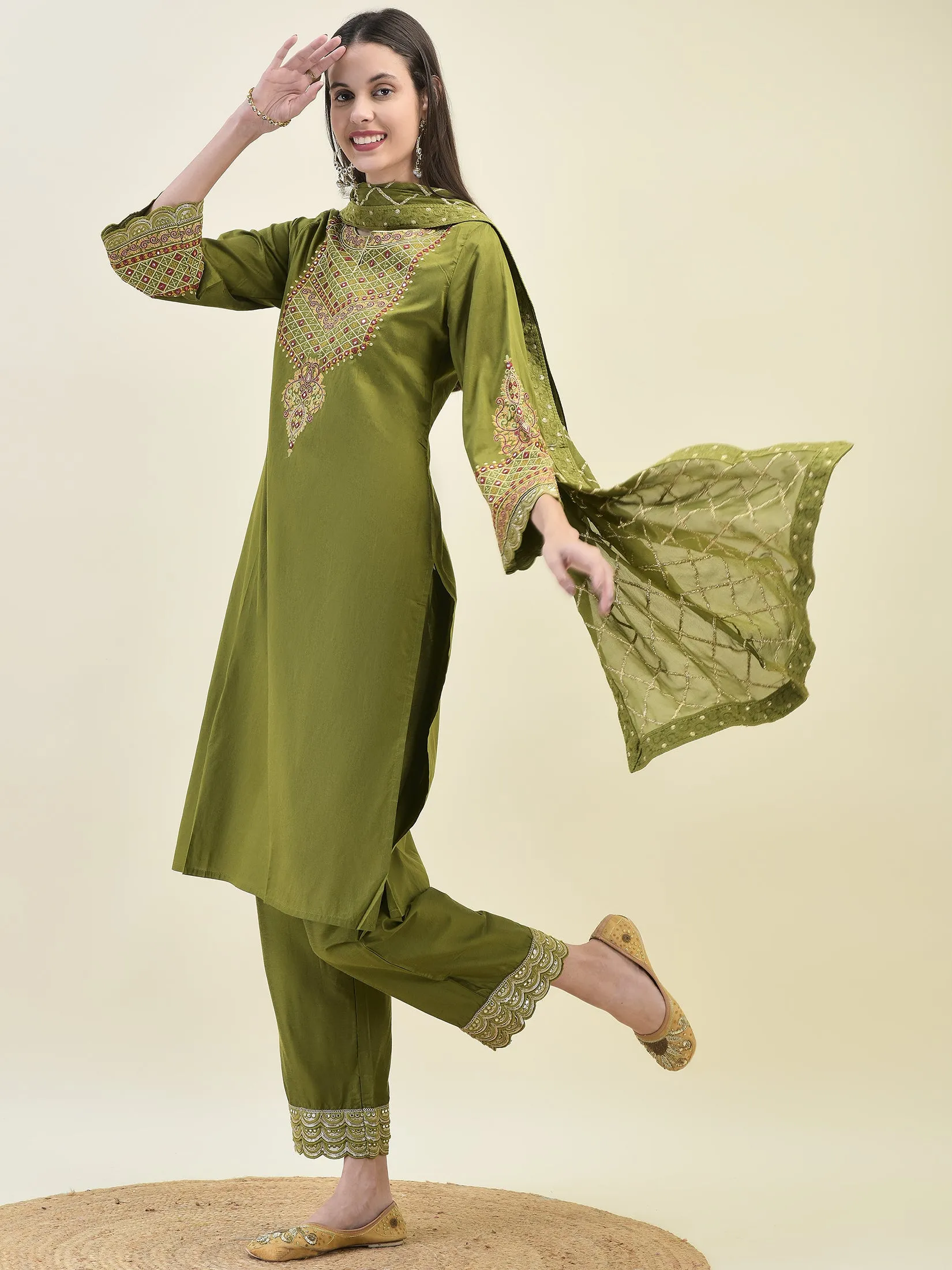 Women Poly Viscose Olive Embroidered Kurta Comfort Pant Dupatta