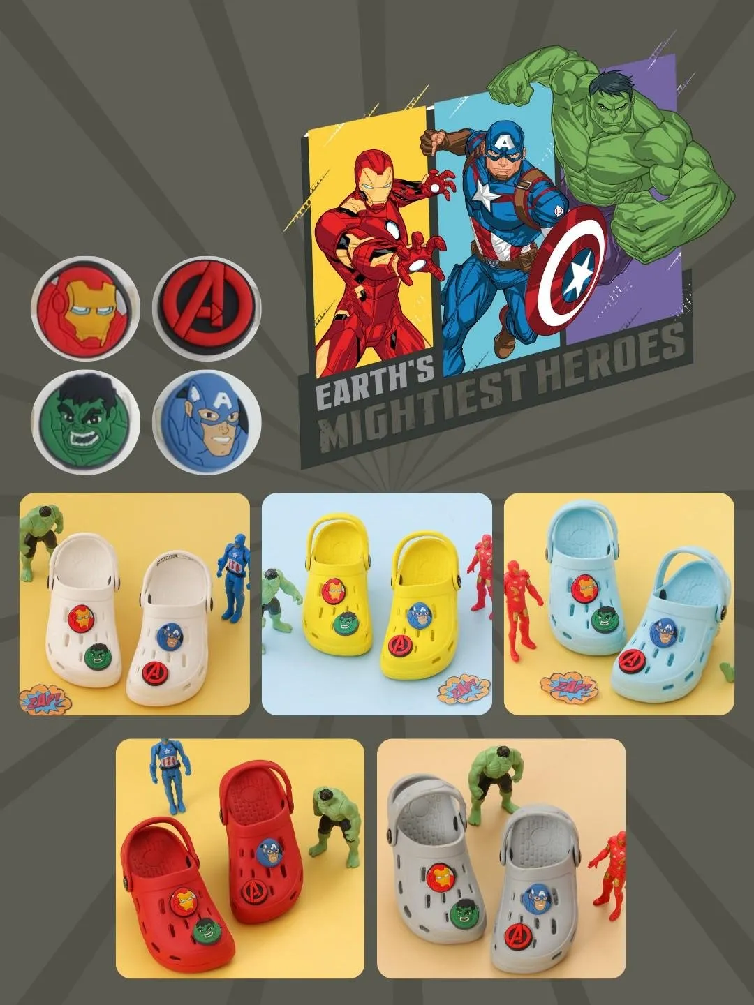Yellow Bee Boys’ Marvel Avengers Clogs with Iron Man, Hulk & Captain America Charms – Red
