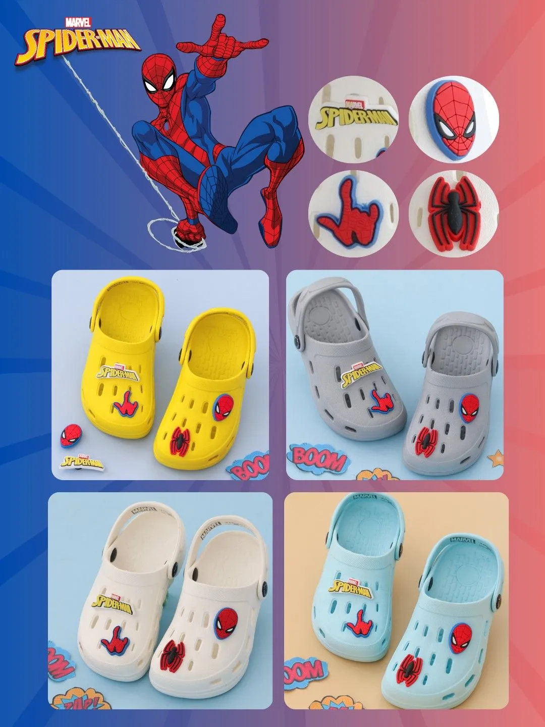 Yellow Bee Boys’ Marvel Spider-Man Clogs with Web & Hero Charms – White
