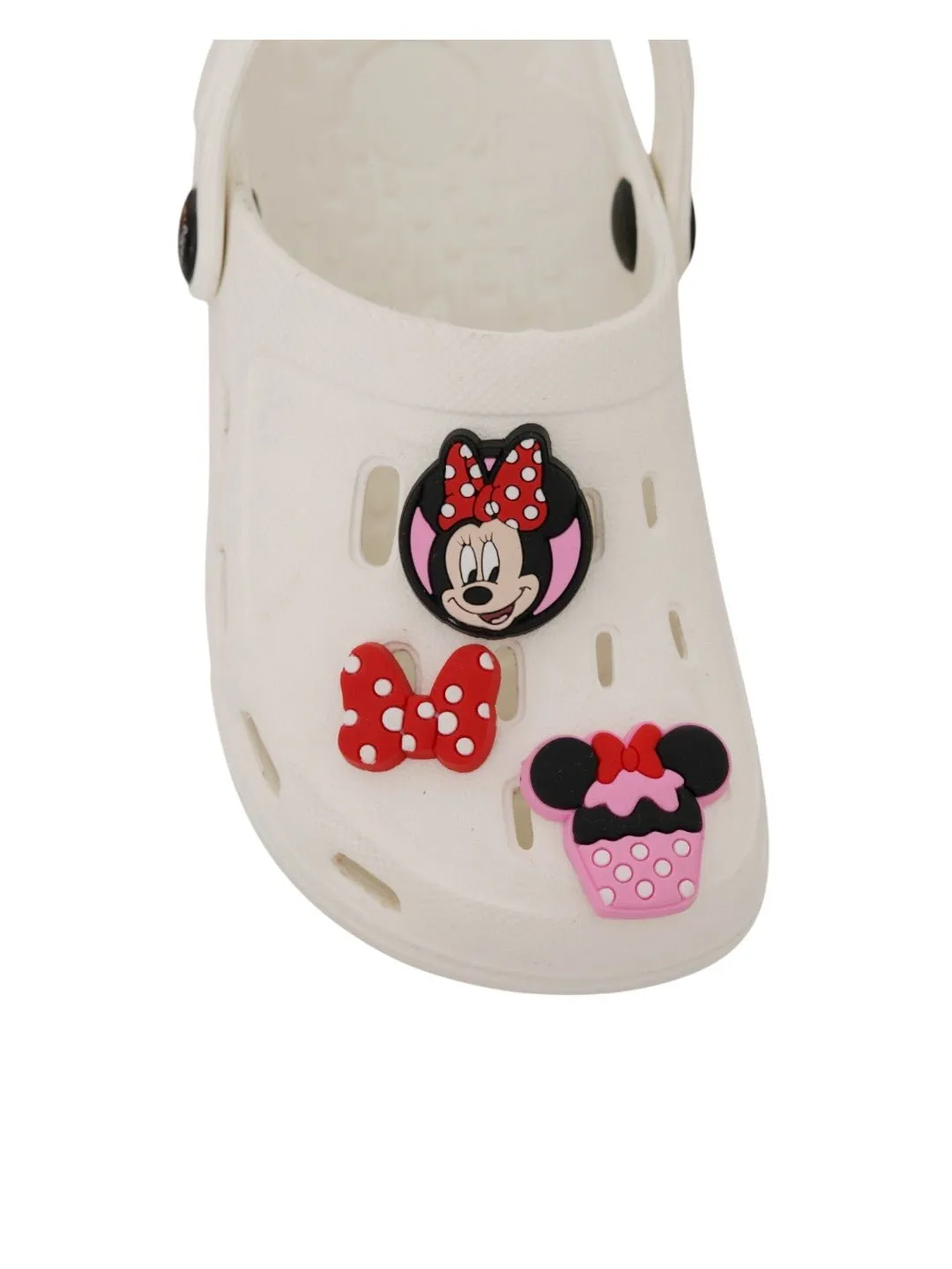 Yellow Bee Girls’ Disney Minnie Mouse Clogs with Bow & Cupcake Charms – White