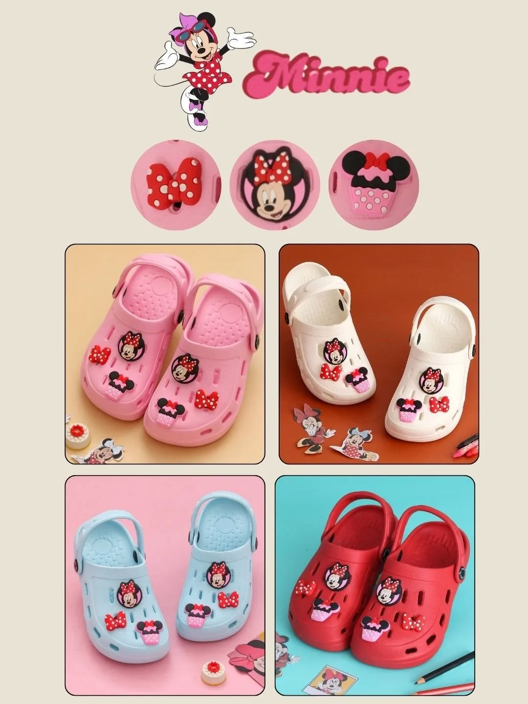 Yellow Bee Girls’ Disney Minnie Mouse Clogs with Bow & Cupcake Charms – White