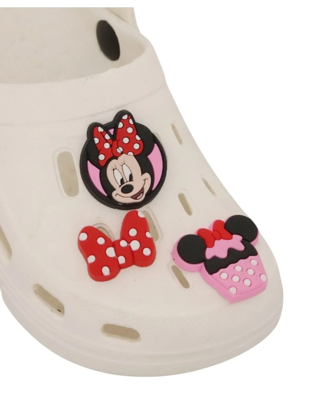Yellow Bee Girls’ Disney Minnie Mouse Clogs with Bow & Cupcake Charms – White
